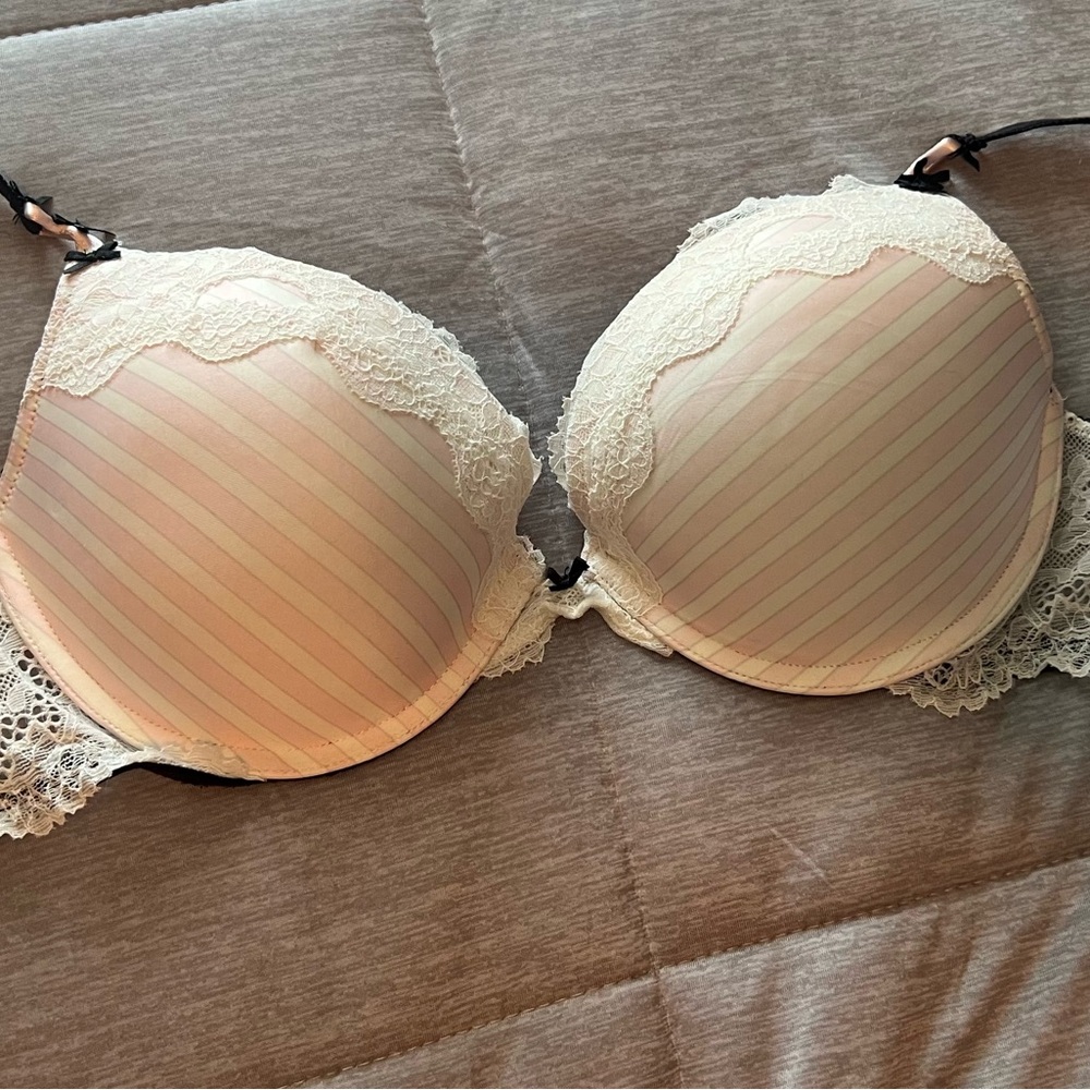Victoria's Secret Striped Lace Bra - Cream, Pink, and Black